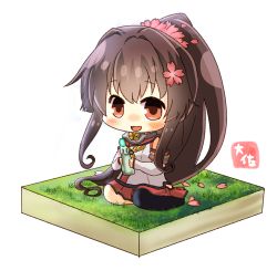 Rule 34 | 1girl, :d, artist name, bare shoulders, black thighhighs, blush, bottle, brown eyes, brown hair, detached sleeves, flower, hair flower, hair ornament, holding, holding bottle, kantai collection, long hair, long sleeves, open mouth, petals, pink flower, ponytail, ramune, simple background, single thighhigh, smile, solo, taisa (kari), thighhighs, very long hair, white background, yamato (kancolle), z flag
