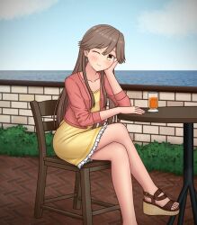 Rule 34 | 1girl, alternate costume, arashio (kancolle), blue sky, brown eyes, brown hair, chair, cloud, commentary, crossed legs, day, dress, feet out of frame, highres, horizon, jacket, kantai collection, konato k, long hair, ocean, one eye closed, outdoors, pink jacket, railing, sandals, sky, smile, solo, table, yellow dress