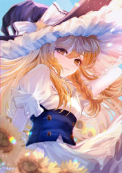 Rule 34 | 1girl, absurdres, bow, braid, closed mouth, expressionless, hat, hat bow, highres, kirisame marisa, komorihikki, long hair, looking at viewer, puffy short sleeves, puffy sleeves, shirt, short sleeves, skirt, solo, touhou, white shirt, witch hat