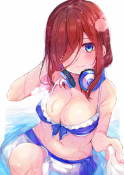Rule 34 | bikini, blue eyes, breasts, brown hair, cleavage, closed mouth, frilled bikini, frills, front-tie bikini top, front-tie top, go-toubun no hanayome, hair between eyes, hair over one eye, headphones, headphones around neck, highres, large breasts, midriff, nakano miku, navel, partially submerged, rouka (akatyann), sidelocks, solo, stomach, swimsuit, wet
