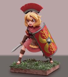 Rule 34 | 1girl, 3d, armor, blonde hair, borrowed character, brown eyes, centurii-chan, commentary, english commentary, gauntlets, gladius, grass, greco-roman clothes, highres, holding, holding shield, holding sword, holding weapon, medium hair, miniature, original, plume, red robe, robe, roman clothes, shield, simple background, soldier, solo, sword, thegreatpipmax, weapon