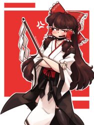 Rule 34 | anger vein, aronnecroman, blush, bow, bright pupils, brown hair, commentary, commission, crossed arms, english commentary, hair bow, hair tubes, hakurei reimu, highres, japanese clothes, kimono, kourindou tengu costume, long hair, looking at viewer, open mouth, red background, red bow, red eyes, sash, sidelocks, touhou, twitter username, white kimono, white pupils, wide sleeves