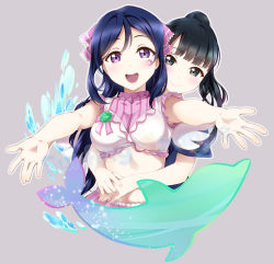 Rule 34 | 2girls, alternate hairstyle, black hair, blue hair, bow, breasts, dolphin, facial mark, flower, galaxy hide and seek, green eyes, green flower, green rose, hair bow, hair down, hug, hug from behind, long hair, love live!, love live! sunshine!!, matsuura kanan, medium breasts, midriff, multiple girls, outstretched arms, ponytail, purple eyes, rose, round teeth, surfing orange, suwa nanaka, teeth, voice actor, voice actor connection, water, wings