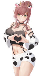 Rule 34 | 1girl, absurdres, ahoge, animal ears, animal print, aray 1010, black bra, black camisole, black collar, bra, bra strap, breasts, brown hair, camisole, cleavage, collar, commentary, cow ears, cow horns, cow print, detached sleeves, english commentary, fortissimo, green eyes, grin, hair ornament, heart, heart-shaped pupils, heart hands, highres, horns, indie virtual youtuber, large breasts, long hair, looking at viewer, midriff, miori celesta, musical note, musical note hair ornament, navel, short shorts, shorts, simple background, smile, solo, strap slip, suspender shorts, suspenders, symbol-shaped pupils, teeth, treble clef, underwear, virtual youtuber, white background