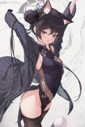 Rule 34 | 1girl, :o, animal ears, arms up, black coat, black dress, black gloves, black hair, black thighhighs, blue archive, blush, breasts, butterfly hair ornament, cat ears, cat tail, china dress, chinese clothes, coat, dragon print, dress, gloves, hair bun, hair ornament, halo, highres, kemonomimi mode, kisaki (blue archive), looking at viewer, no panties, pelvic curtain, petite, small breasts, solo, striped, striped coat, tail, thighhighs, twintails, vertical-striped coat, yoyopipa