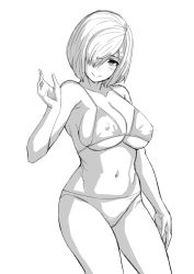 Rule 34 | 1girl, 30-06, arm up, bikini, blush, breasts, cleavage, greyscale, hair ornament, hairclip, hamakaze (kancolle), highres, kantai collection, large breasts, looking at viewer, monochrome, navel, one eye covered, short hair, simple background, smile, standing, string bikini, swimsuit, white background