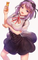 Rule 34 | 10s, 1girl, :d, bad id, bad pixiv id, black flower, black ribbon, black rose, black skirt, breast hold, breasts, buttons, collar, dagashi kashi, female focus, flower, food, frilled collar, frilled shirt, frilled shirt collar, frilled sleeves, frills, hair flower, hair ornament, hair ribbon, hairband, hand up, high-waist skirt, holding, holding food, large breasts, looking at viewer, neck ribbon, open mouth, purple eyes, purple hair, red ribbon, ribbon, ringed eyes, rose, shidare hotaru, shirt, short hair, short sleeves, simple background, skirt, smile, solo, suspender skirt, suspenders, umaibou, underbust, urokoda, white background, white shirt