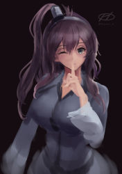 Rule 34 | 1girl, alternate costume, artist logo, battle effectiveness award, brown hair, finger to mouth, grey eyes, hair between eyes, haruto (harut n), kantai collection, long sleeves, looking at viewer, ponytail, saratoga (kancolle), side ponytail, sidelocks, solo, upper body