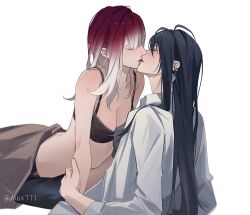 Rule 34 | 2girls, black bra, black hair, bra, breasts, cleavage, closed eyes, collared shirt, commentary request, earrings, gradient hair, hand on another&#039;s arm, highres, jewelry, kiss, long hair, medium breasts, miix777, multicolored hair, multiple girls, path to nowhere, purple hair, rahu (path to nowhere), reclining, scar, scar across eye, shalom (path to nowhere), shirt, simple background, underwear, white background, white hair, white shirt, yuri
