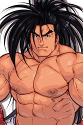 Rule 34 | 1boy, abs, absurdres, armpit hair, armpits, bandaged arm, bandages, bara, biceps, black hair, facial hair, haoumaru, highres, large pectorals, long hair, long sideburns, looking at viewer, male focus, manly, mature male, muscular, muscular male, nipples, pectorals, samurai spirits, scar, scar on chest, scar on stomach, sideburns, smile, solo, spiked hair, stubble, terujirou (masateruteru), thick arms, thick eyebrows, topless male, upper body, veins, veiny arms, white background