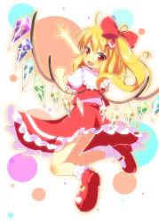 Rule 34 | 1girl, blonde hair, blush, bow, fang, flandre scarlet, hair bow, highres, looking at viewer, looking back, no headwear, no headwear, open mouth, pointing, puffy sleeves, red eyes, red footwear, shirt, shoes, short sleeves, side ponytail, skirt, skirt set, smile, solo, touhou, vest, wings, yuimari