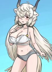 1girl acesrulez animal_ears bikini black_horns blush breasts brown_eyes extra_ears grey_horns hair_over_one_eye horns kemono_friends kemono_friends_3 large_breasts long_hair looking_at_viewer multicolored_horns navel ox_ears ox_girl ox_horns ox_tail solo swimsuit twintails very_long_hair white_bikini white_hair yak_(kemono_friends)