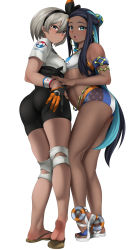 Rule 34 | 2girls, aqua eyes, aqua hair, armlet, ass, asymmetrical docking, bare arms, bare legs, bare shoulders, bea (pokemon), belly chain, bike shorts, bikini, black bodysuit, black hair, black hairband, bodysuit, bodysuit under clothes, breast press, breasts, creatures (company), dark-skinned female, dark skin, earclip, earrings, eyeshadow, from behind, from side, full body, game freak, gloves, grey eyes, grey hair, hair between eyes, hair bun, hairband, hand on own ass, highres, hoop earrings, jewelry, knee pads, kneepits, long hair, looking at viewer, looking back, makeup, medium breasts, medium hair, multicolored hair, multiple girls, navel, necklace, nessa (pokemon), nintendo, no pants, open mouth, parted lips, partially fingerless gloves, pokemon, pokemon swsh, print shirt, sandals, shirt, short hair, simple background, single hair bun, small breasts, smile, sockinajar, soles, standing, stomach, swimsuit, tan, tankini, tied shirt, twisted torso, two-tone hair, v-shaped eyebrows, very long hair, white background, wristband