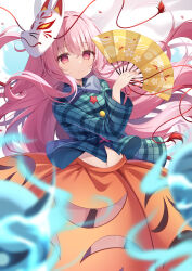 Rule 34 | 1girl, absurdres, aqua shirt, bubble skirt, closed mouth, folding fan, fox mask, hair between eyes, hand fan, hata no kokoro, highres, holding, holding fan, long hair, long sleeves, looking at viewer, mask, mask on head, miy@, orange skirt, pink eyes, pink hair, plaid, plaid shirt, pleated skirt, shirt, simple background, skirt, solo, touhou, white background