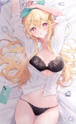 Rule 34 | 1girl, arm up, black bra, black panties, blonde hair, blush, bow, bra, breasts, butterfly hair ornament, cellphone, cleavage, collarbone, collared shirt, deyui, fairy, gluteal fold, green ribbon, hair between eyes, hair bow, hair ornament, hairclip, highres, jewelry, key, key necklace, lace, lace-trimmed bra, lace trim, lingerie, lock, long hair, looking at viewer, lying, medium breasts, midriff, navel, necklace, nijisanji, nijisanji en, on back, open clothes, open mouth, open shirt, panties, partially unbuttoned, phone, pointy ears, pomu rainpuff, red eyes, ribbon, shirt, smartphone, solo, sweat, sweatdrop, thigh gap, thighs, unbuttoned, unbuttoned shirt, underwear, virtual youtuber, white shirt, wing collar