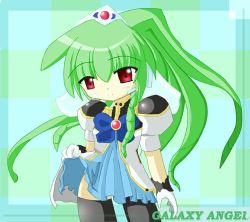 Rule 34 | 00s, 1girl, clothes lift, copyright name, galaxy angel, green hair, high ponytail, long hair, looking at viewer, lowres, ponytail, red eyes, skirt, skirt lift, solo, tagme, thighhighs, vanilla h