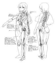 Rule 34 | 1girl, abubu, android, breasts, character sheet, diagram, greyscale, highres, large breasts, long hair, mechanical parts, monochrome, multiple views, nipples, nude, original, pussy, skeleton, spine, standing, text focus, translation request, turnaround, uncensored, x-ray