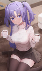 Rule 34 | 1girl, alternate costume, black skirt, blue archive, breasts, brown thighhighs, closed mouth, coffee mug, cup, hair ornament, highres, hikkyou, holding, holding cup, long hair, long sleeves, looking at viewer, medium breasts, miniskirt, mug, no shoes, on floor, pleated skirt, purple eyes, purple hair, revision, ribbed sweater, sitting, skirt, smile, solo, sweater, taut clothes, taut sweater, thighhighs, turtleneck, turtleneck sweater, two side up, wariza, white sweater, yuuka (blue archive), zettai ryouiki