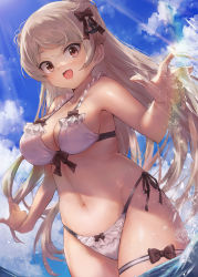 Rule 34 | 1girl, alternate costume, beach, bikini, blue sky, breasts, cloud, cloudy sky, comiket 100, conte di cavour (kancolle), day, frilled bikini, frills, highres, kantai collection, large breasts, looking at viewer, medium breasts, ocean, open mouth, outdoors, sky, smile, sunlight, swimsuit, toka (marchlizard), water, white bikini