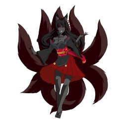 Rule 34 | 1girl, absurdres, alternate color, animal ear fluff, animal ears, bare legs, bare shoulders, black hair, black sclera, black skin, breasts, cleavage, colored sclera, colored skin, female focus, fox ears, fox tail, full body, geta, grin, highres, hyphen, kitsune, large breasts, legs, long hair, looking at viewer, mon-musu quest!, monster girl, multiple tails, obi, aged up, red eyes, sash, smile, solo, spoilers, tabi, tail, tamamo (mon-musu quest!), tattoo, thundragon, transparent background, white background