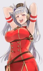 Rule 34 | 1girl, absurdres, animal ears, armpits, arms behind head, bare shoulders, bow, breasts, gloves, gold ship (umamusume), grey background, hair bow, highres, horse ears, horse girl, horse tail, kumeri meiko, long hair, open mouth, purple eyes, purple hair, red shirt, shirt, simple background, sleeveless, sleeveless shirt, solo, tail, tongue, tongue out, umamusume, white gloves