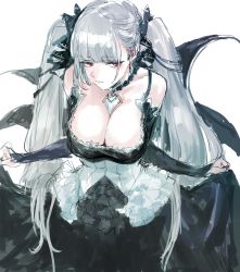 Rule 34 | azur lane, bare shoulders, between breasts, black dress, blunt bangs, breasts, cleavage, dress, formidable (azur lane), frilled dress, frills, grey hair, highres, holding, holding clothes, holding dress, large breasts, osakana (denpa yun&#039;yun), twintails, two-tone dress