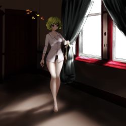Rule 34 | 1girl, absurdres, bare legs, barefoot, beamed eighth notes, black panties, breasts, closed mouth, collarbone, collared shirt, commentary request, cup, curtains, door, eighth note, eyebrows, eyelashes, floor, full body, green hair, highres, holding mug, indoors, inoshin (inixia1748), kazami yuuka, medium breasts, morning, mug, musical note, no pants, panties, quarter note, red eyes, shadow, shirt, short hair, sleeves rolled up, smile, solo, steam, touhou, underwear, walking, wall, white shirt, window