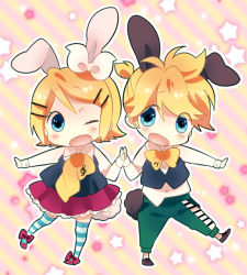 Rule 34 | 1boy, 1girl, animal ears, bad id, bad pixiv id, blonde hair, blue eyes, bow, brother and sister, chibi, diagonal stripes, hair ornament, hairclip, kagamine len, kagamine rin, one eye closed, ousaka nozomi, rabbit ears, siblings, skirt, standing, standing on one leg, star (symbol), striped background, striped clothes, striped thighhighs, thighhighs, twins, vocaloid, wink