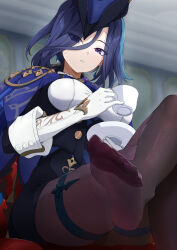 Rule 34 | 1girl, blue hair, breasts, clorinde (genshin impact), crossed legs, cup, epaulettes, eyes visible through hair, feet, fishnet pantyhose, fishnets, foot focus, genshin impact, gloves, hair over one eye, hat, highres, holding, holding cup, holding plate, large breasts, long hair, looking at viewer, menchi-men, multicolored hair, pantyhose, plate, purple eyes, sitting, soles, solo, steam, streaked hair, teacup, thigh strap, toes, tricorne, white gloves