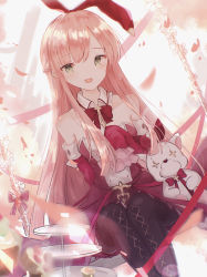 Rule 34 | 1girl, absurdres, arcaea, arm behind back, bare shoulders, bow, bowtie, breasts, commentary, cross-laced clothes, cross-laced legwear, detached collar, detached sleeves, dress, feet out of frame, flower, frilled sleeves, frills, green eyes, hair ribbon, hand up, highres, kou (arcaea), long hair, long sleeves, looking at viewer, miyu (miy u1308), open mouth, pantyhose, petals, pink hair, red bow, red bowtie, red dress, red ribbon, ribbon, sitting, sleeves past fingers, sleeves past wrists, small breasts, smile, solo, strapless, strapless dress, stuffed animal, stuffed toy