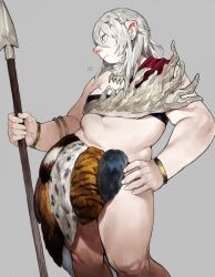 Rule 34 | 1girl, absurdres, animal ears, bracelet, breasts, dungeon meshi, female orc, grey background, grey hair, hand on own hip, highres, holding, holding polearm, holding weapon, jewelry, leed (dungeon meshi), looking to the side, necklace, orc, p (pm 611a), pelt, pig ears, pig nose, plump, polearm, simple background, small breasts, snout, solo, spear, thighs, tooth necklace, weapon