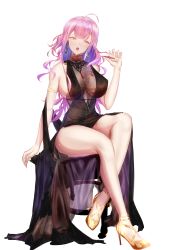 Rule 34 | 1girl, absurdres, azur lane, bad id, bad pixiv id, bare legs, black dress, blush, breasts, cleavage, crossed legs, cup, dress, drinking glass, dsr-50 (highest bid) (girls&#039; frontline), duke of york (azur lane), duke of york (eternal night&#039;s carola) (azur lane), earrings, full body, girls&#039; frontline, gosama, high heels, highres, holding, holding cup, jewelry, large breasts, legs, long hair, looking at viewer, official alternate costume, open mouth, pink hair, sitting, solo, thighs, transparent background, white background, wine glass, yellow eyes, yellow footwear