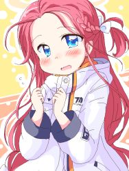 Rule 34 | 1girl, blue archive, blue eyes, blush, closed mouth, forehead, geetsu, hair ornament, halo, jacket, long hair, looking at viewer, open mouth, red hair, school uniform, simple background, solo, sweat, yuzu (blue archive)