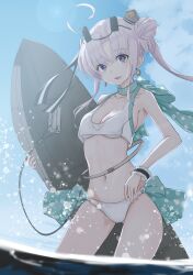 Rule 34 | 1girl, absurdres, aircraft, airplane, akitsushima (kancolle), bikini, blue sky, breasts, cloud, commentary, drop earrings, earrings, flying boat, grey hair, hair bun, hair ribbon, hat, highres, jewelry, kantai collection, long hair, looking at viewer, medium breasts, mini hat, navel, neve (morris-minicooper), nishikitaitei-chan, official alternate costume, open mouth, outdoors, partially submerged, purple eyes, ribbon, side ponytail, single hair bun, sky, smile, solo, sunlight, swimsuit, wading, white bikini