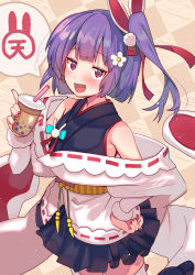 Rule 34 | 1girl, absurdres, blush, bubble tea, commentary request, flower, hair flower, hair ornament, highres, japanese clothes, long hair, looking at viewer, open mouth, purple hair, red eyes, side ponytail, sleeveless, solo, tenjin kotone, tenjin kotone (channel), tonarikeru, virtual youtuber