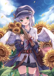 Rule 34 | 1girl, :d, absurdres, angel wings, bag, belt, belt buckle, black coat, black headwear, black shorts, black thighhighs, blue sky, blunt bangs, blush, bouquet, buckle, cloud, coat, collared shirt, cowboy shot, day, feathered wings, flower, green eyes, hat ornament, head tilt, highres, holding, holding bouquet, kure~pu, lens flare, long sleeves, looking at viewer, off shoulder, open clothes, open coat, open mouth, original, outdoors, red ribbon, revision, ribbon, satchel, shirt, short hair, short shorts, shorts, silver hair, sky, smile, solo, sunflower, sunflower petals, thighhighs, watch, white shirt, white wings, wings, wristwatch, yellow flower