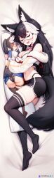 Rule 34 | 1girl, absurdres, animal ears, bare shoulders, bed sheet, black choker, black hair, black shorts, black thighhighs, body pillow, breasts, choker, cleavage, clickdraws, crop top, dakimakura (medium), dolphin shorts, fox ears, fox girl, fox tail, full body, fur trim, gammainkk, highleg, highres, hugging object, indie virtual youtuber, large breasts, long hair, long sleeves, lying, midriff, multicolored hair, navel, no shoes, off-shoulder shirt, off shoulder, on bed, open mouth, panty straps, pillow, pillow hug, puffy long sleeves, puffy sleeves, ribbed thighhighs, shirt, short shorts, shorts, sleep mask, sleeping, smile, solo, spaghetti strap, split-color hair, stomach, tail, thighhighs, thighs, two-tone hair, very long hair, virtual youtuber, white hair, white shirt