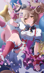 Rule 34 | 1girl, animal ears, balloon, bloomers, blush, bow, bowtie, breasts, brown eyes, brown hair, center frills, collared shirt, feet out of frame, frills, hair bow, heart balloon, highres, holding, holding microphone, horse ears, horse girl, horse tail, looking at viewer, medium hair, microphone, nobell (bell no5), open mouth, pink skirt, puffy short sleeves, puffy sleeves, red socks, shirt, shoes, short sleeves, skirt, small breasts, smart falcon (umamusume), sneakers, socks, solo, star (symbol), suspender skirt, suspenders, tail, thigh strap, twintails, umamusume, underwear, white shirt, wrist cuffs