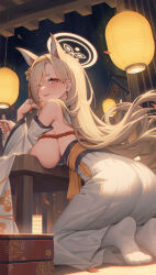 Rule 34 | 1girl, animal ears, bare shoulders, blonde hair, blue archive, blush, bottle, breast press, breasts, detached sleeves, fox ears, hair over one eye, hairband, halo, hayate (leaf98k), highres, holding, holding bottle, japanese clothes, kaho (blue archive), kimono, large breasts, long hair, looking at viewer, mole, mole under mouth, sideboob, socks, solo, thick eyebrows, wide sleeves, yellow eyes