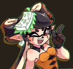Rule 34 | 1girl, bare shoulders, black background, black gloves, black hair, breasts, callie (splatoon), cephalopod eyes, cross-shaped pupils, detached collar, dress, earrings, fangs, gloves, green headwear, halloween, halloween costume, hat, highres, index finger raised, jewelry, long hair, looking at viewer, mole, mole under eye, nin10ja, nintendo, one eye closed, open mouth, orange dress, pointy ears, red eyes, scar, scar on face, sleeveless, small breasts, smile, splatoon (series), squid girl, strapless, strapless dress, symbol-shaped pupils, teeth, tentacle hair, twintails, upper body, wink