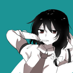 Rule 34 | 1girl, black hair, blue background, bow, cigarette, commentary request, hair bow, highres, looking at viewer, moyashi (oekaki touhou), necktie, no headwear, red eyes, shirt, short hair, short sleeves, simple background, smoke, smoke trail, smoking, solo, touhou, usami renko, white bow, white shirt