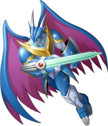 Rule 34 | 1boy, absurdres, armor, bandai, claws, clenched hands, digimon, digimon (creature), digimon new century, dragon, dragon wings, energy sword, flying, full body, glowing, glowing sword, glowing weapon, highres, horn, muscular, no humans, official art, open mouth, red eyes, royal knights, scar, sharp teeth, simple background, solo, sword, teeth, ulforcev-dramon, weapon, wings