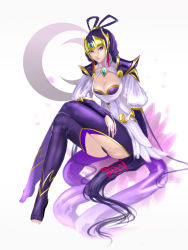 Rule 34 | 1girl, armor, breasts, bridal gauntlets, chaps, cleavage, cleavage cutout, clothing cutout, diana (league of legends), forehead jewel, forehead protector, highres, kumiko shiba, league of legends, crossed legs, long hair, pauldrons, purple eyes, purple hair, shoulder armor, sitting, solo, thighhighs, toeless legwear, toes, vambraces, very long hair