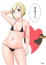 Rule 34 | 1girl, arm behind head, armpits, artist name, bikini, black bikini, blonde hair, blue eyes, breasts, check translation, commentary request, contrapposto, dachshund, erica hartmann, gluteal fold, head tilt, heart, highres, looking at viewer, micro bikini, navel, parted lips, shigekikkusu, short hair, signature, simple background, skindentation, small breasts, solo, standing, strike witches, swimsuit, translation request, white background, world witches series