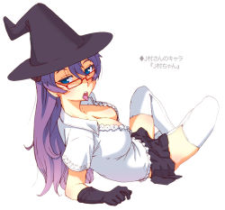 Rule 34 | 1girl, blue eyes, breasts, cleavage, glasses, gloves, hat, large breasts, long hair, oono tsutomu, original, purple hair, simple background, skirt, solo, thighhighs, tongue, witch hat, zettai ryouiki