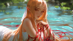 Rule 34 | 1girl, asuna (sao), bare shoulders, blonde hair, blurry, blurry background, breasts, depth of field, dress, ear covers, ear ornament, elf, eyelashes, floating hair, lips, long hair, looking at viewer, lying, medium breasts, nail polish, nixeu, no wings, nose, on stomach, outdoors, patreon username, pointy ears, realistic, ribbon, signature, solo, sword art online, titania (sao), very long hair, water, white dress