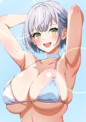 Rule 34 | 1girl, absurdres, arms behind head, arms up, bikini, blue background, blush, breasts, choker, cleavage, day, green eyes, highres, hololive, isakoro (hx9cj), large breasts, looking at viewer, open mouth, shirogane noel, simple background, smile, solo, sweat, swimsuit, virtual youtuber, white bikini, white choker