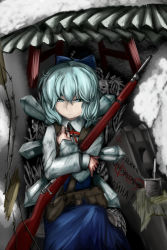 Rule 34 | 1girl, bad id, bad pixiv id, barbed wire, blue eyes, blue hair, bone, bow, circled 9, cirno, cyrillic, doekuramori, dress, female focus, gun, hair bow, ice, ice wings, looking at viewer, matching hair/eyes, ribbon, rifle, russian text, short hair, sitting, skeleton, skull, snow, solo, touhou, translated, weapon, wings, winter