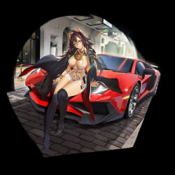 Rule 34 | 1girl, absurdres, black thighhighs, blazer, blonde hair, blue eyes, bracelet, breasts, brown hair, car, clothes on shoulders, dark-skinned female, dark skin, dehya (genshin impact), genshin impact, hair between eyes, highres, jacket, jewelry, lamborghini, lamborghini aventador, large breasts, long hair, motor vehicle, multicolored hair, multiple rings, najiu jiao xiaolan ba, necklace, ring, shorts, sitting, smile, solo, sports car, thighhighs, two-tone hair