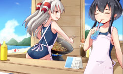 Rule 34 | 2girls, amatsukaze (kancolle), apron, beach, black hair, blush, brown eyes, calendar (object), chopsticks, closed mouth, commentary request, commission, cooking, cup, drink, drinking, closed eyes, food, frying pan, grey hair, hair ornament, kakizaki (chou neji), kantai collection, long hair, mountain, multiple girls, noodles, ocean, one-piece swimsuit, open mouth, sauce, short hair, skeb commission, swimsuit, tokitsukaze (kancolle), two side up, waving